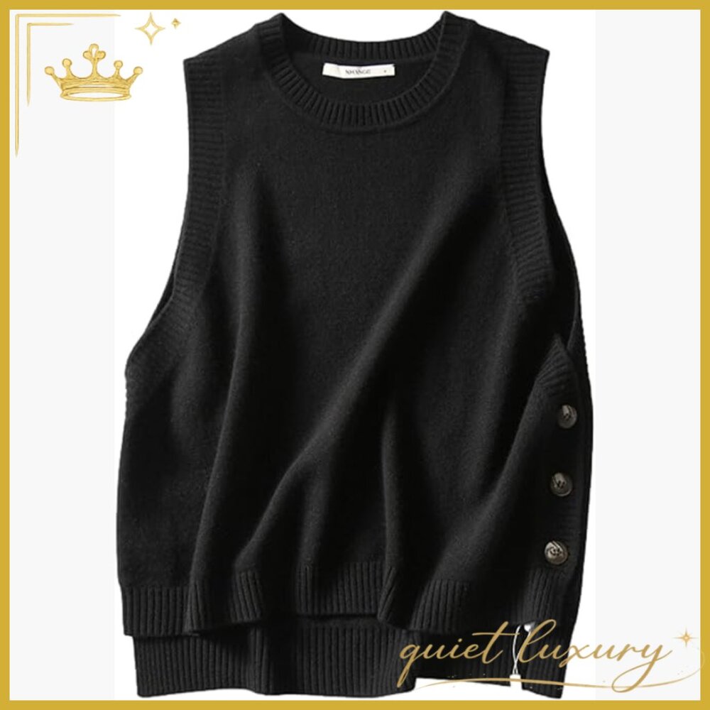 Ribbed Knit Sweater Vest Sleeveless Pullover High Low Hem Button Up Design